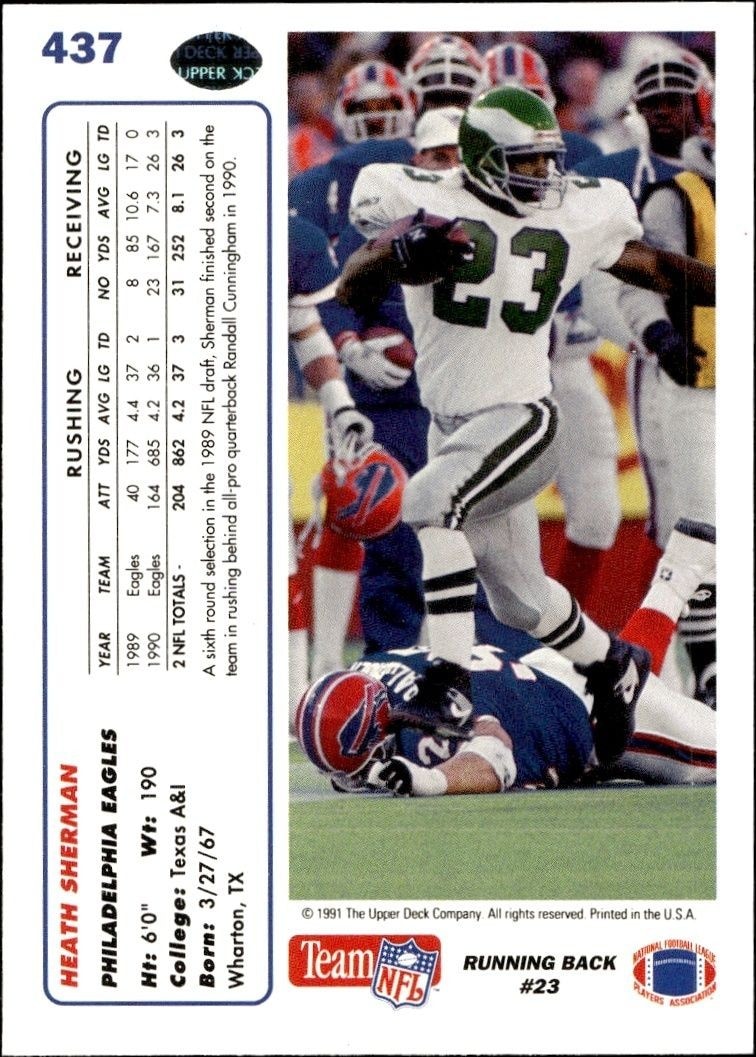 1991 Upper Deck Heath Sherman #437 football trading card back