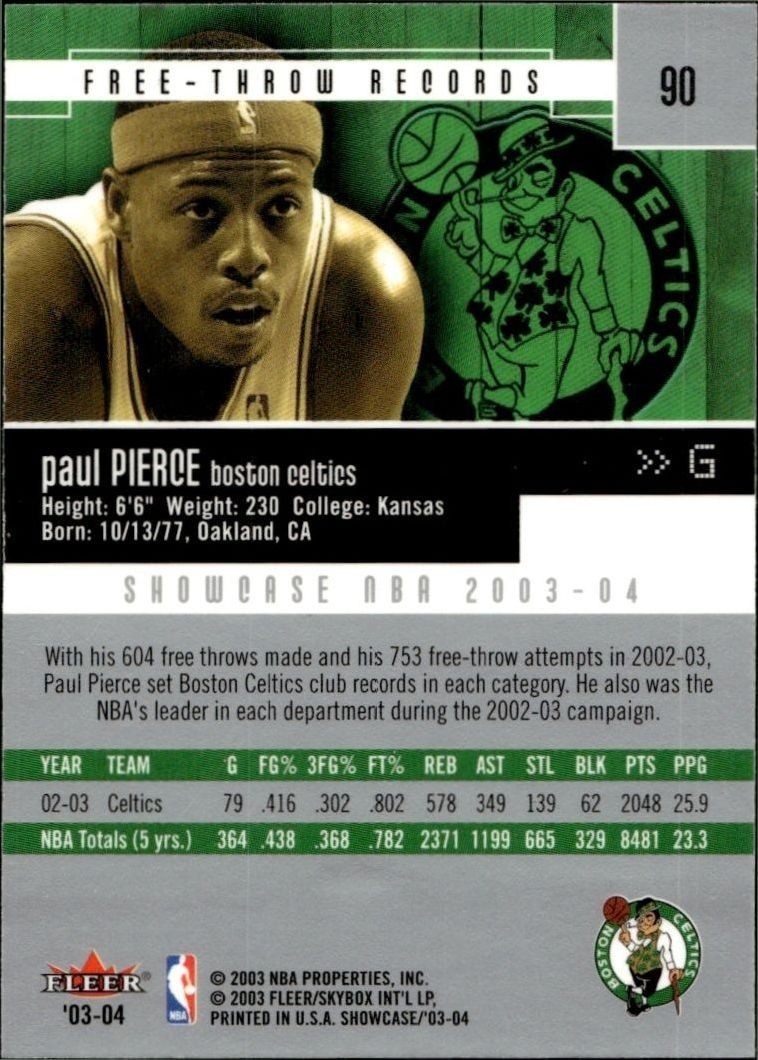 2003-04 Fleer Showcase Paul Pierce #90 basketball trading card back