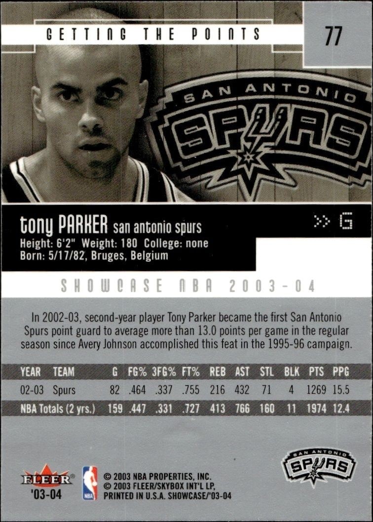 2003-04 Fleer Showcase Tony Parker #77 basketball trading card back