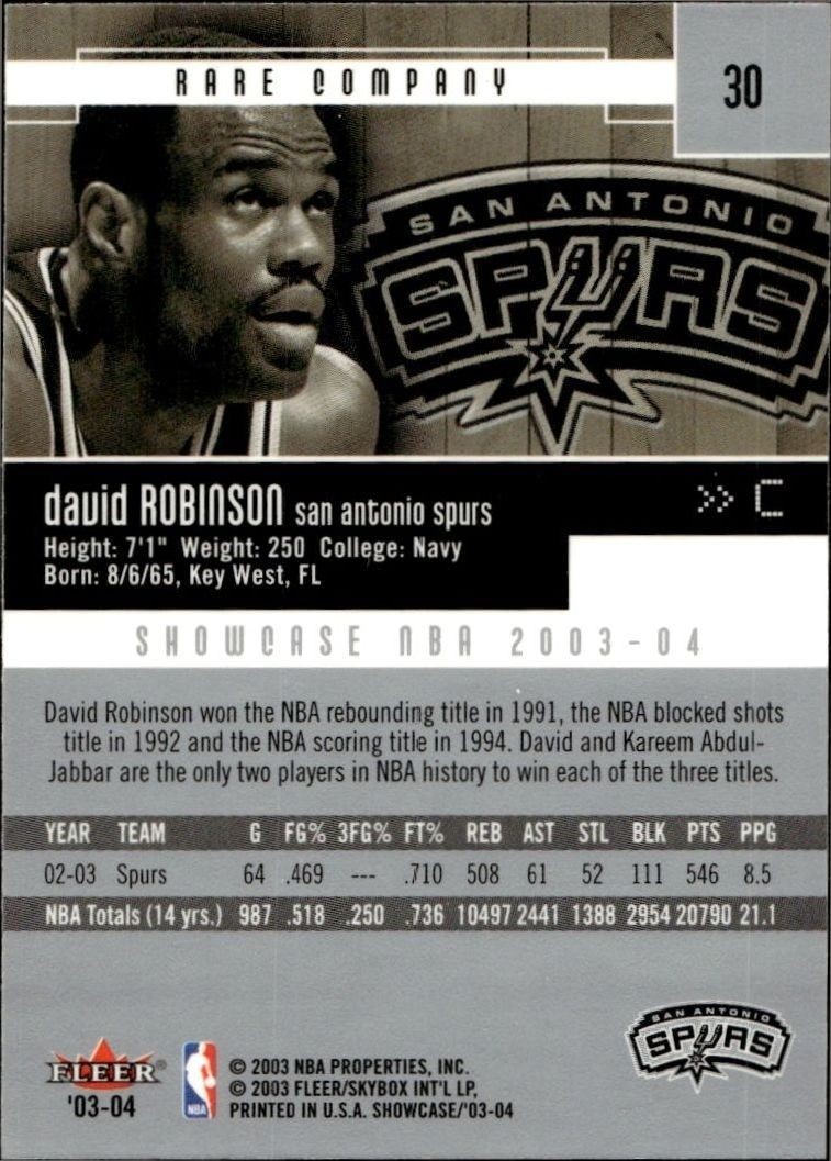 2003-04 Fleer Showcase David Robinson #30 basketball trading card back