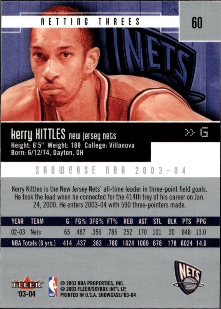 2003-04 Fleer Showcase Kerry Kittles #60 basketball trading card back