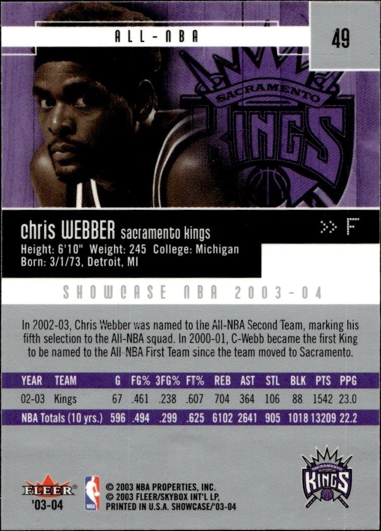 2003-04 Fleer Showcase Chris Webber #49 basketball trading card back