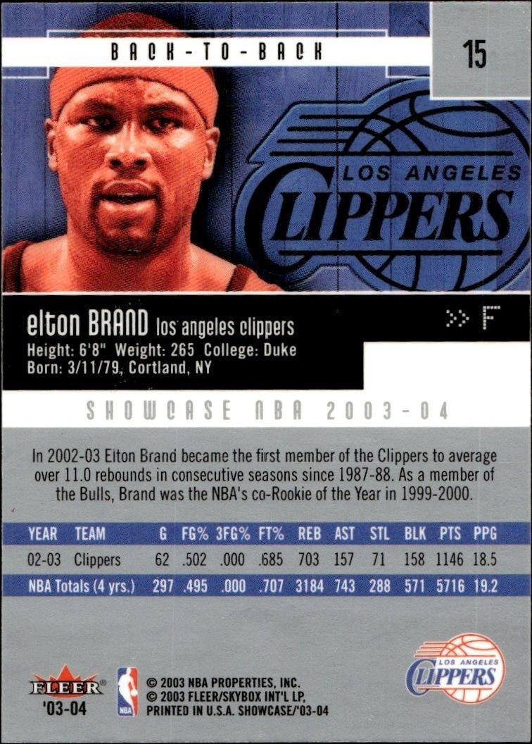 2003-04 Fleer Showcase Elton Brand #15 basketball trading card back