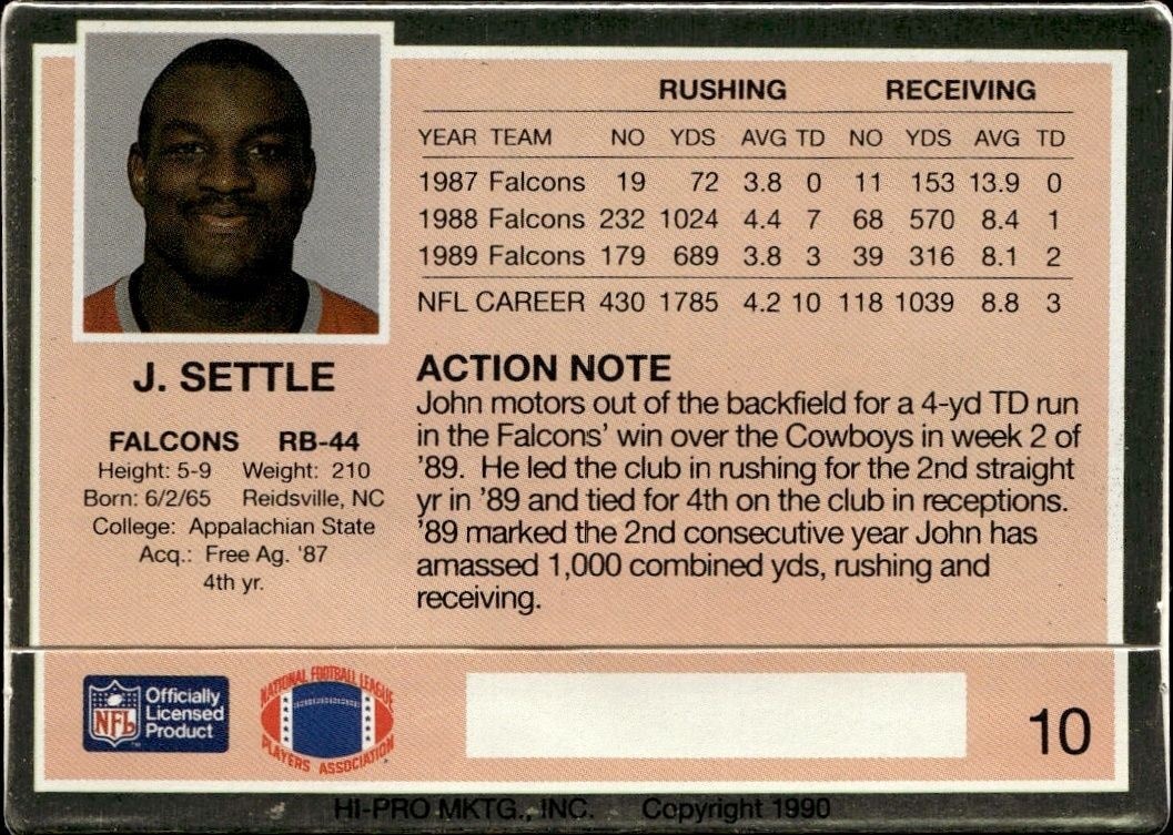 1990 Action Packed John Settle #10 football trading card back
