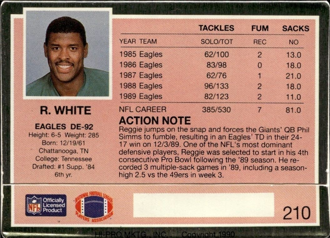 1990 Action Packed Reggie White #210 football trading card back