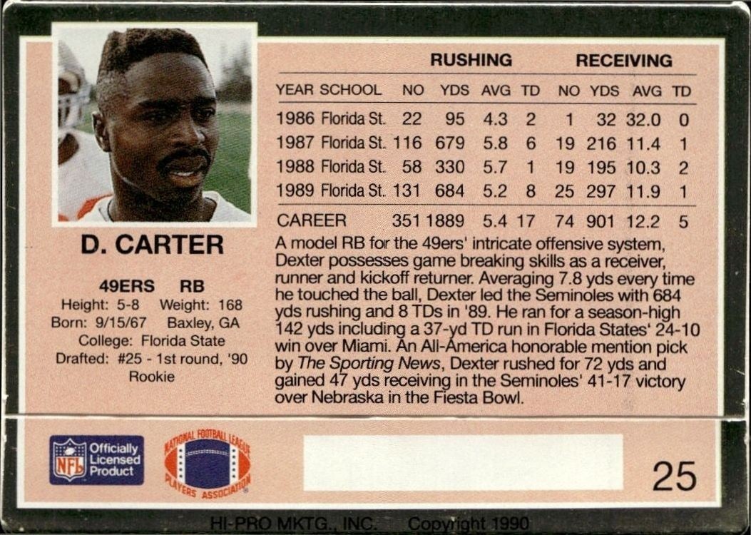 1990 Action Packed Dexter Carter #25 football trading card back