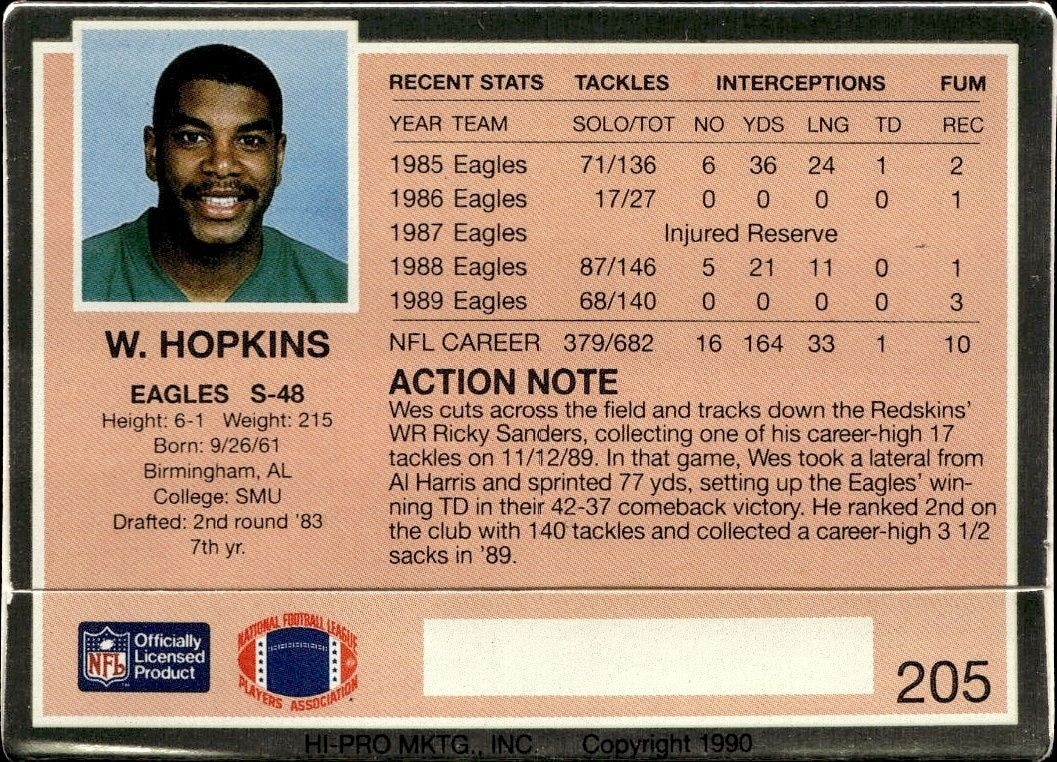1990 Action Packed Wes Hopkins #205 football trading card back