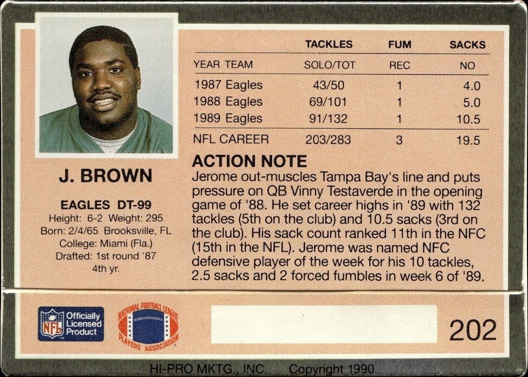 1990 Action Packed Jerome Brown #202 football trading card back