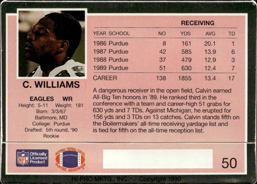 1990 Action Packed Calvin Williams #50 football trading card back