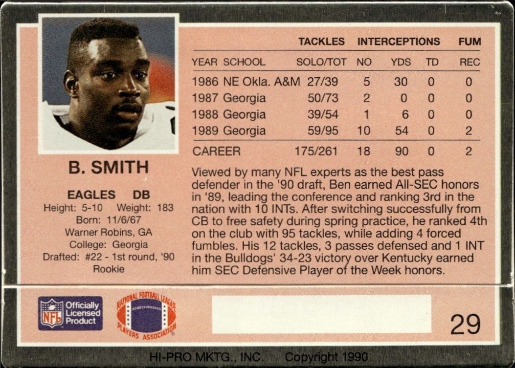 1990 Action Packed Ben Smith #29 football trading card back