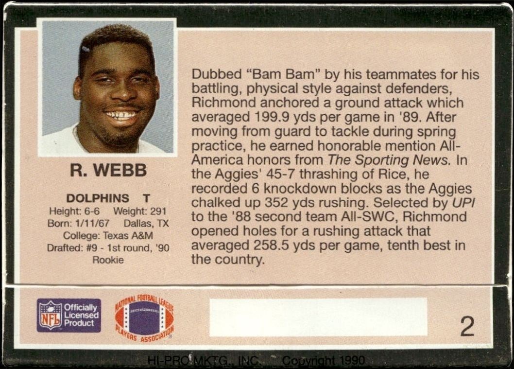 1990 Action Packed Richmond Webb #2 football trading card back