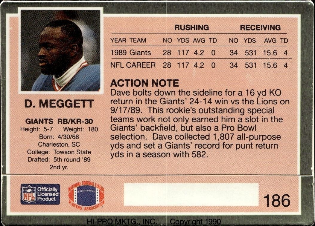 1990 Action Packed Dave Meggett #186 football trading card back