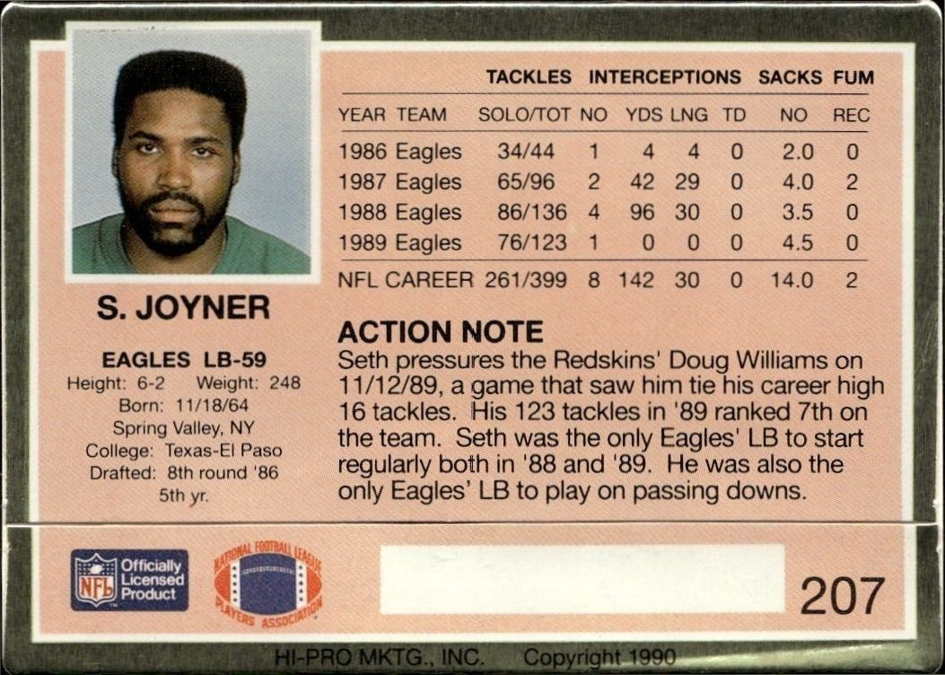 1990 Action Packed Seth Joyner #207 football trading card back