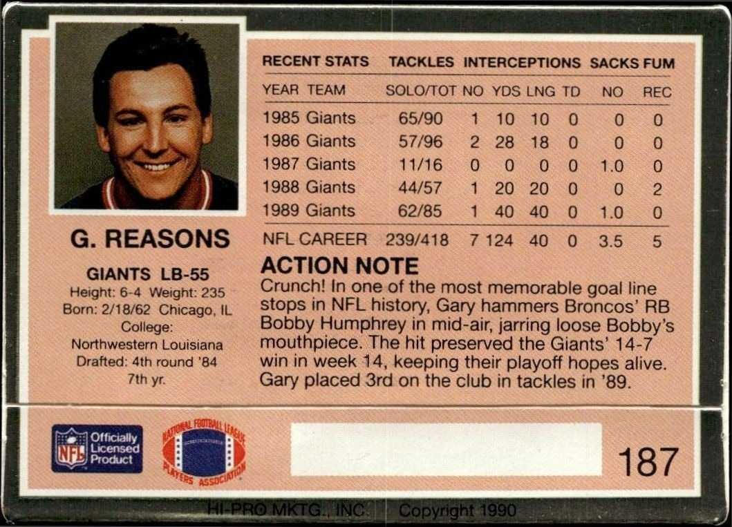 1990 Action Packed Gary Reasons #187 football trading card back