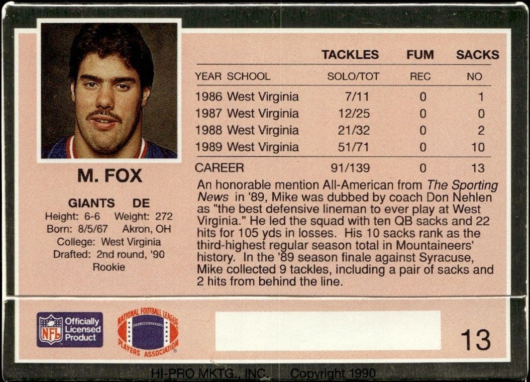 1990 Action Packed Mike Fox #13 football trading card back