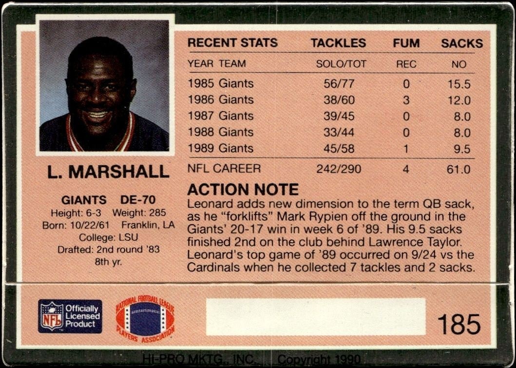 1990 Action Packed Leonard Marshall #185 football trading card back