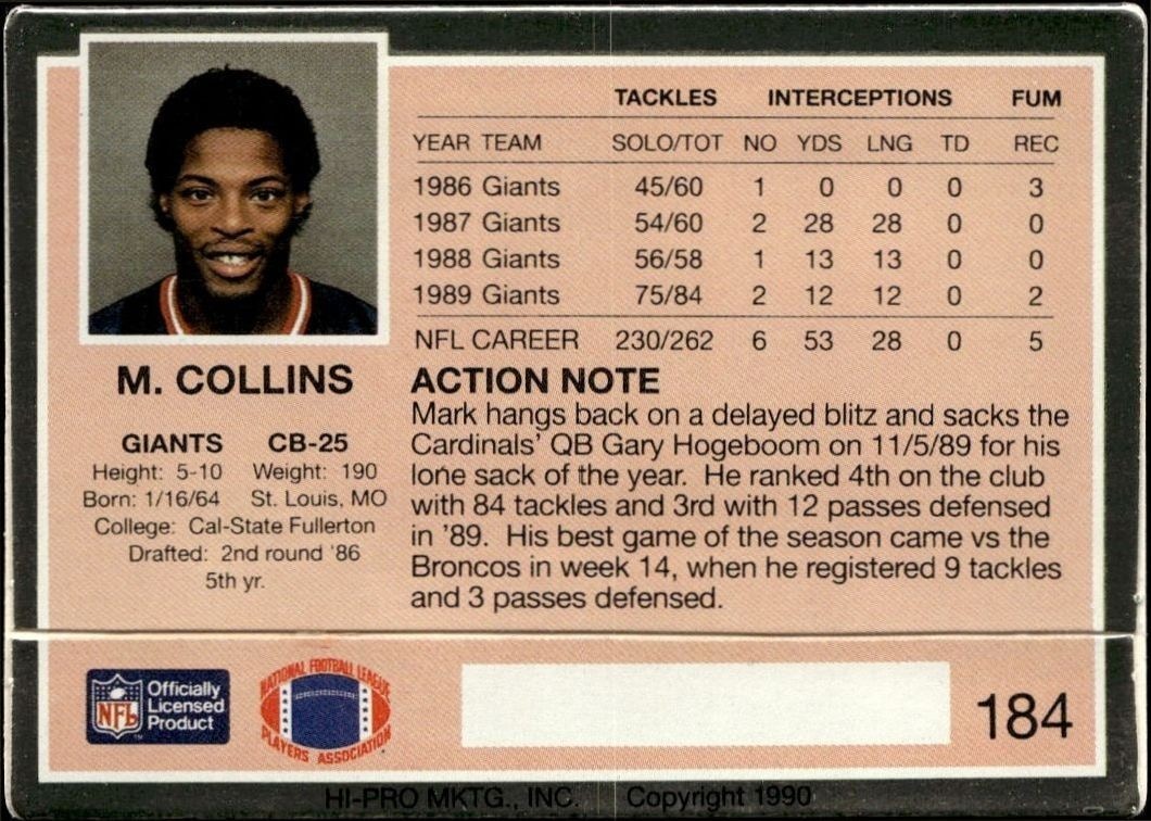 1990 Action Packed Mark Collins #184 football trading card back