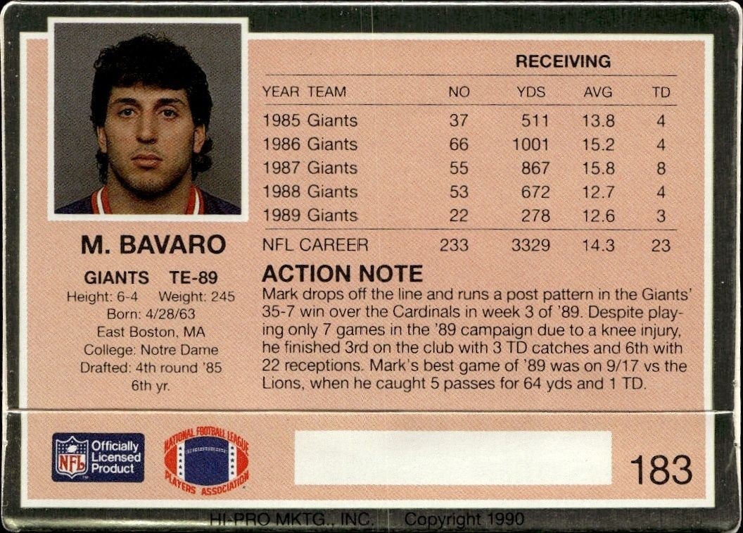 1990 Action Packed Mark Bavaro #183 football trading card back