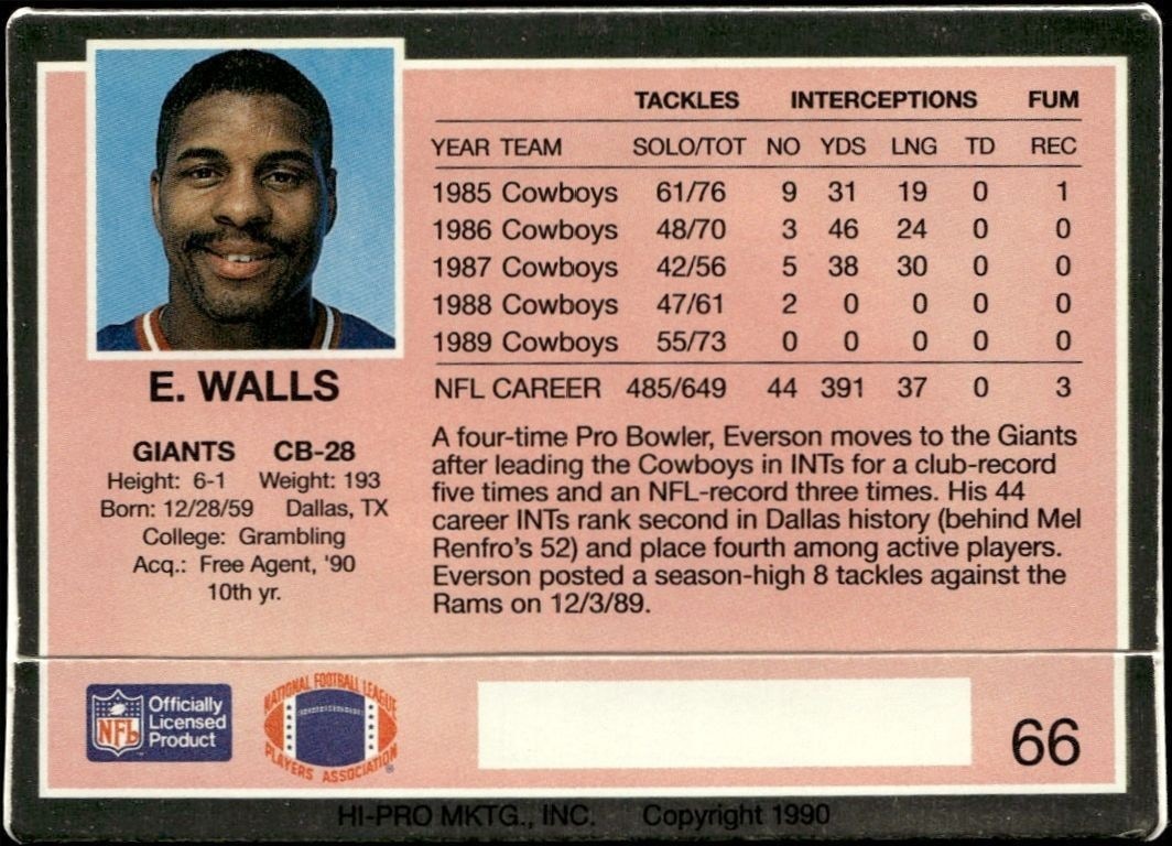 1990 Action Packed Everson Walls #66 football trading card back
