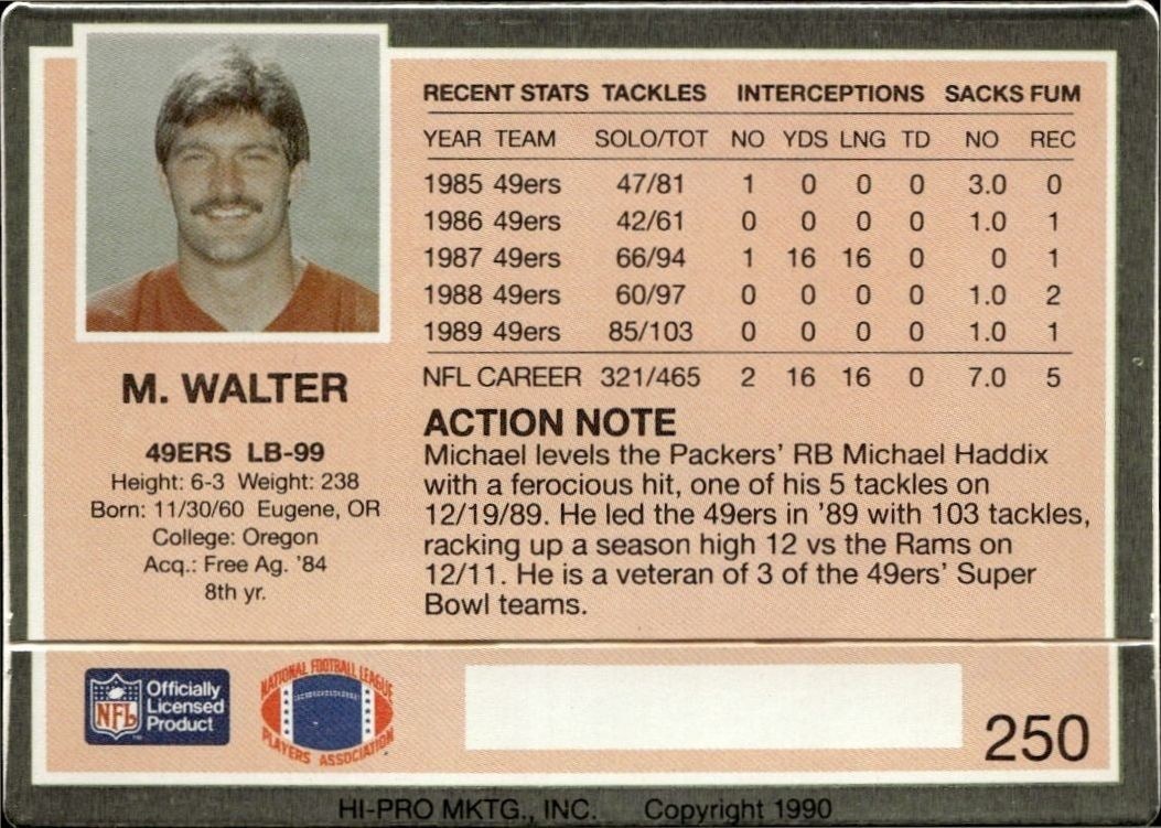 1990 Action Packed Michael Walter #250 football trading card back