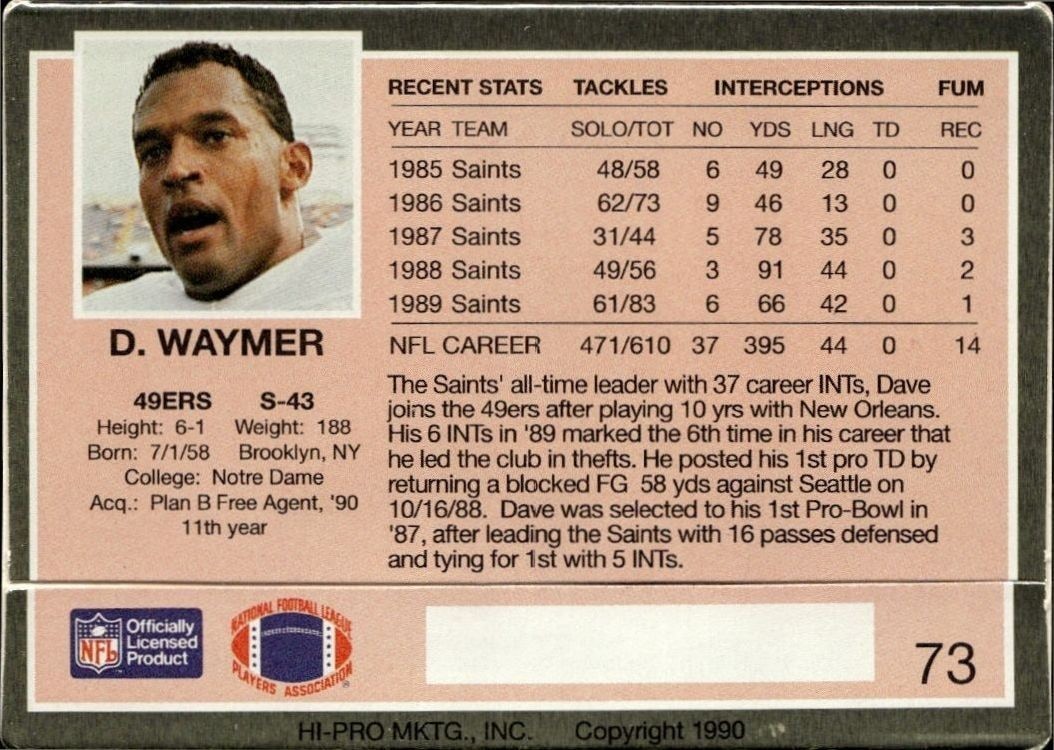1990 Action Packed Dave Waymer #73 football trading card back