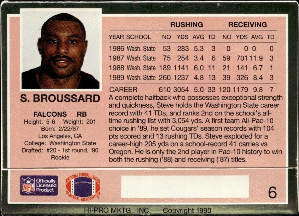1990 Action Packed Steve Broussard #6 football trading card back