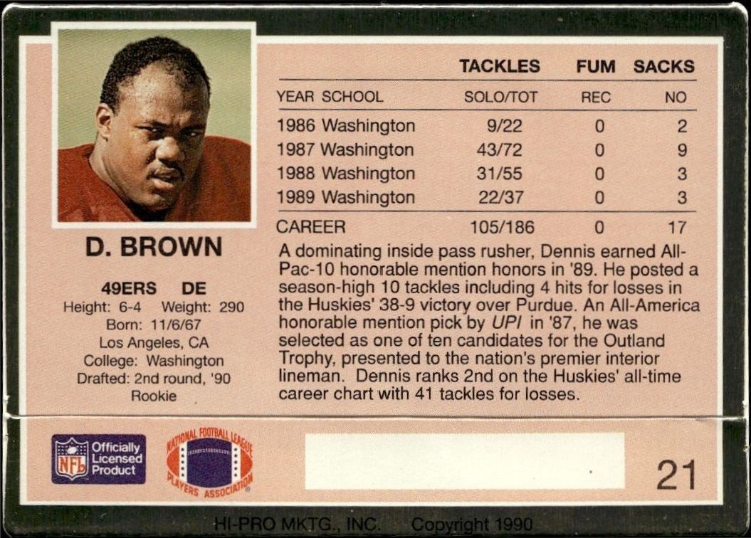 1990 Action Packed Dennis Brown #21 football trading card back