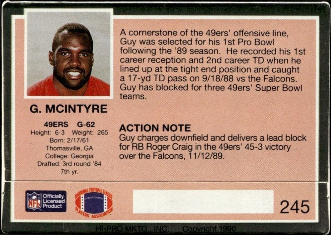 1990 Action Packed Guy McIntyre #245 football trading card back