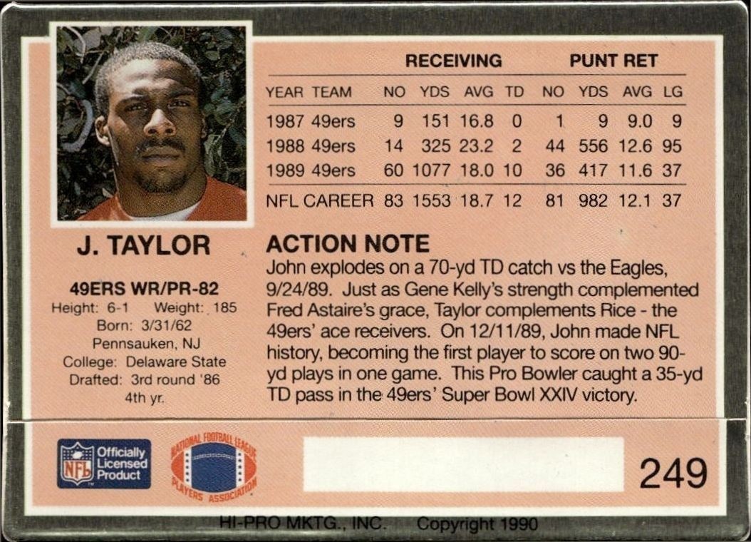 1990 Action Packed John Taylor #249 football trading card back