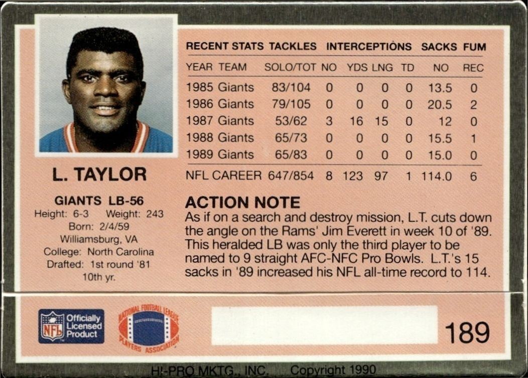 1990 Action Packed Lawrence Taylor #189 football trading card back