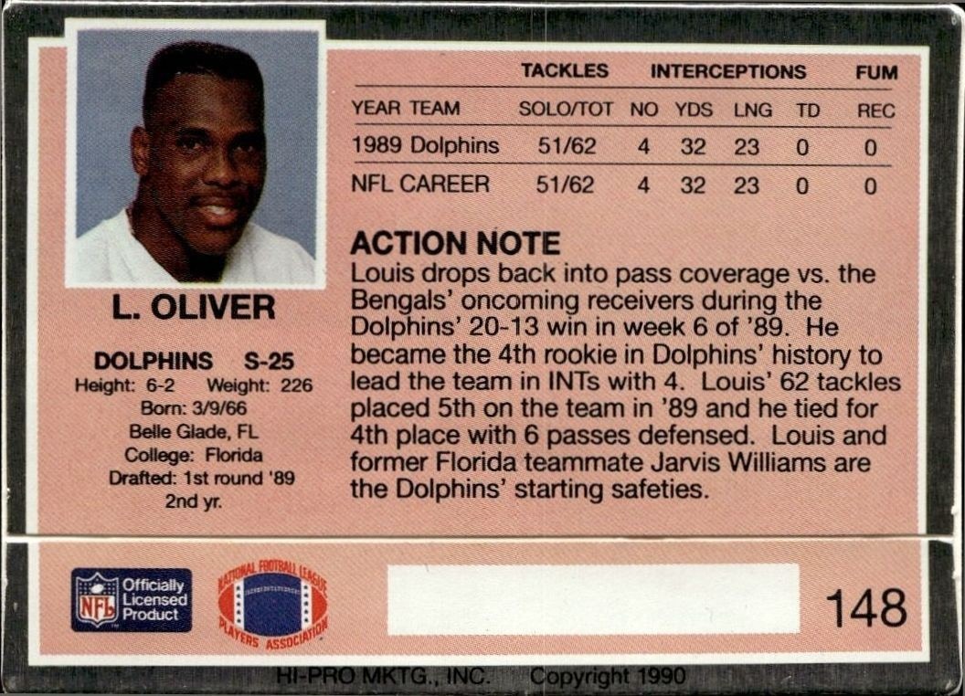 1990 Action Packed Louis Oliver #148 football trading card back