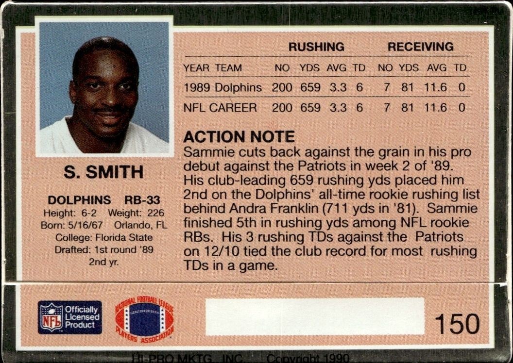 1990 Action Packed Sammie Smith #150 football trading card back