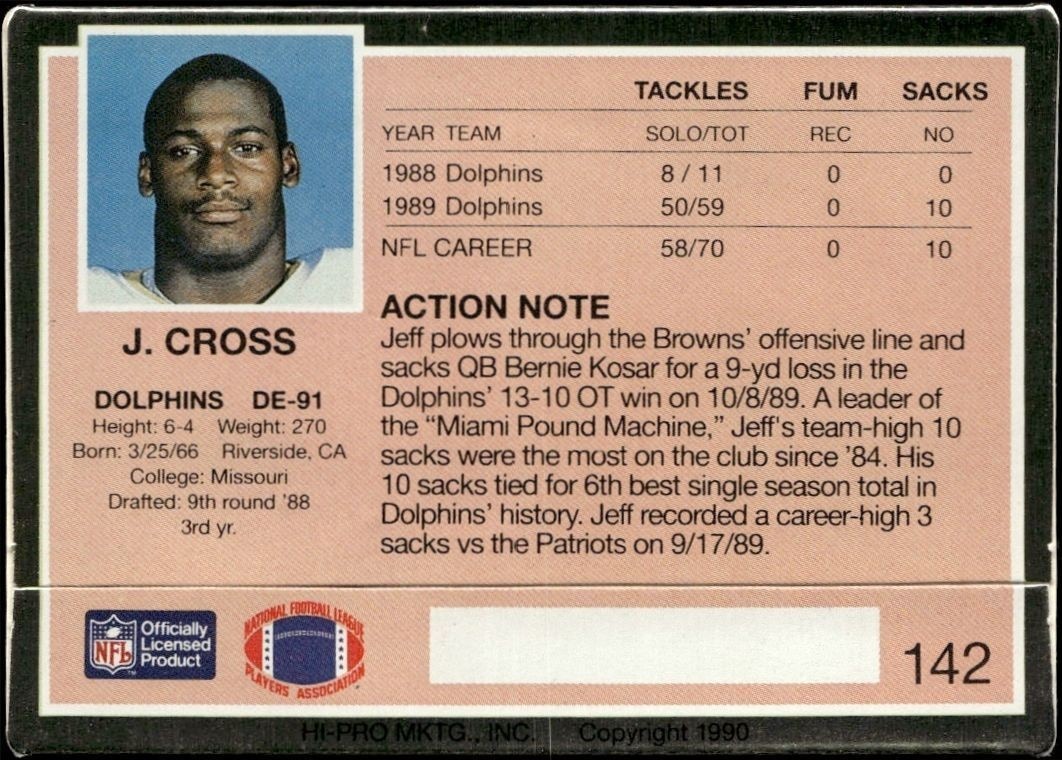 1990 Action Packed Jeff Cross #142 football trading card back