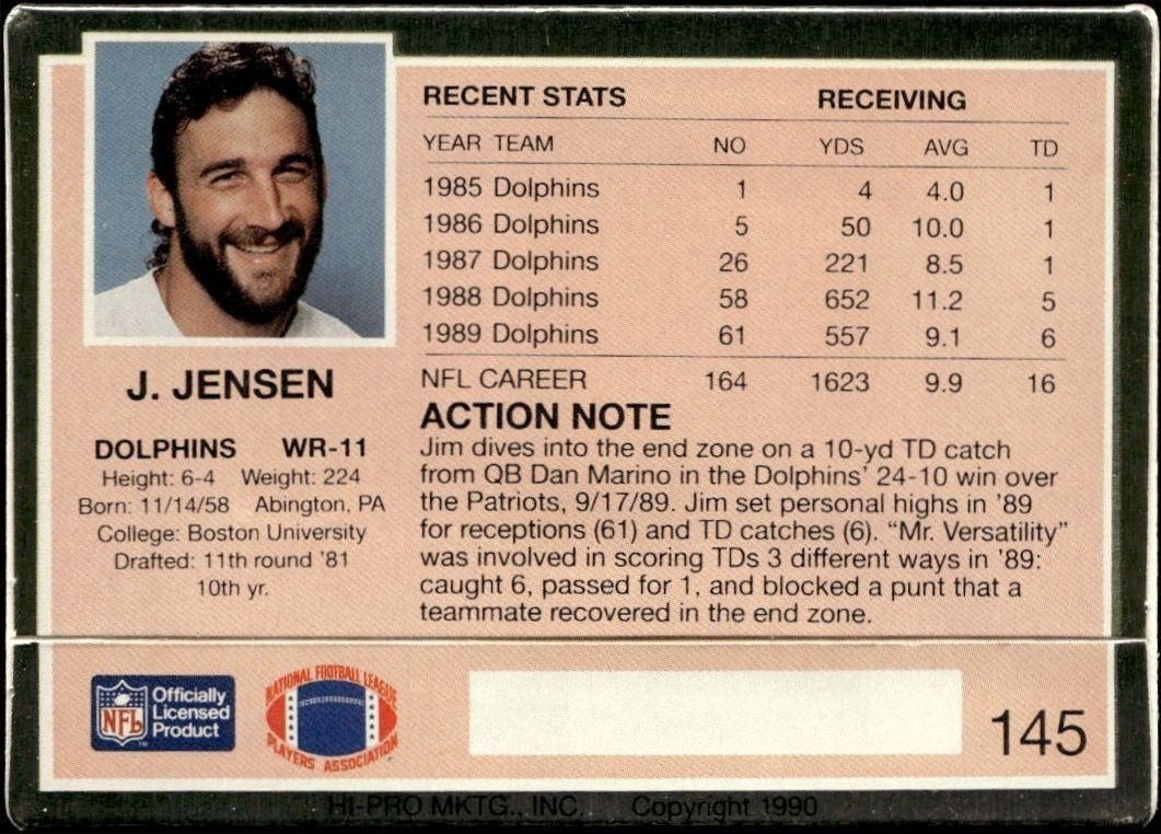 1990 Action Packed Jim Jensen #145 football trading card back