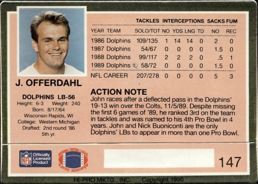 1990 Action Packed John Offerdahl #147 football trading card back