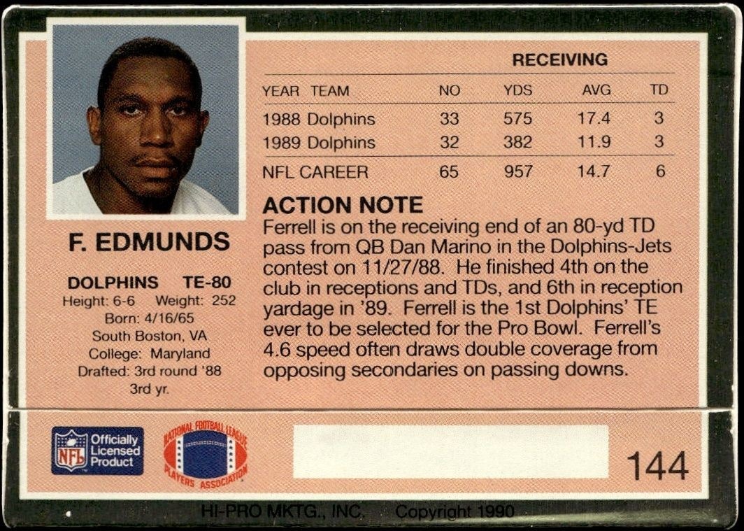 1990 Action Packed Ferrell Edmunds #144 football trading card back