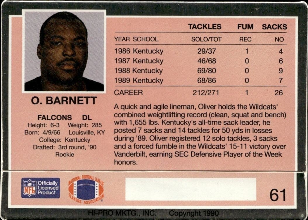 1990 Action Packed Oliver Barnett #61 football trading card back