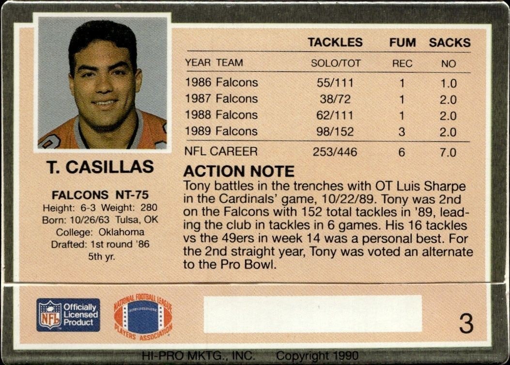 1990 Action Packed Tony Casillas #3 football trading card back