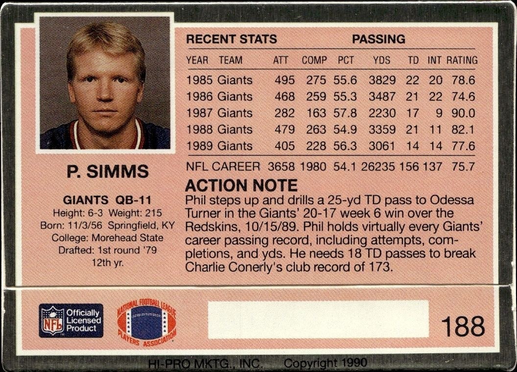 1990 Action Packed Phil Simms #188 football trading card back