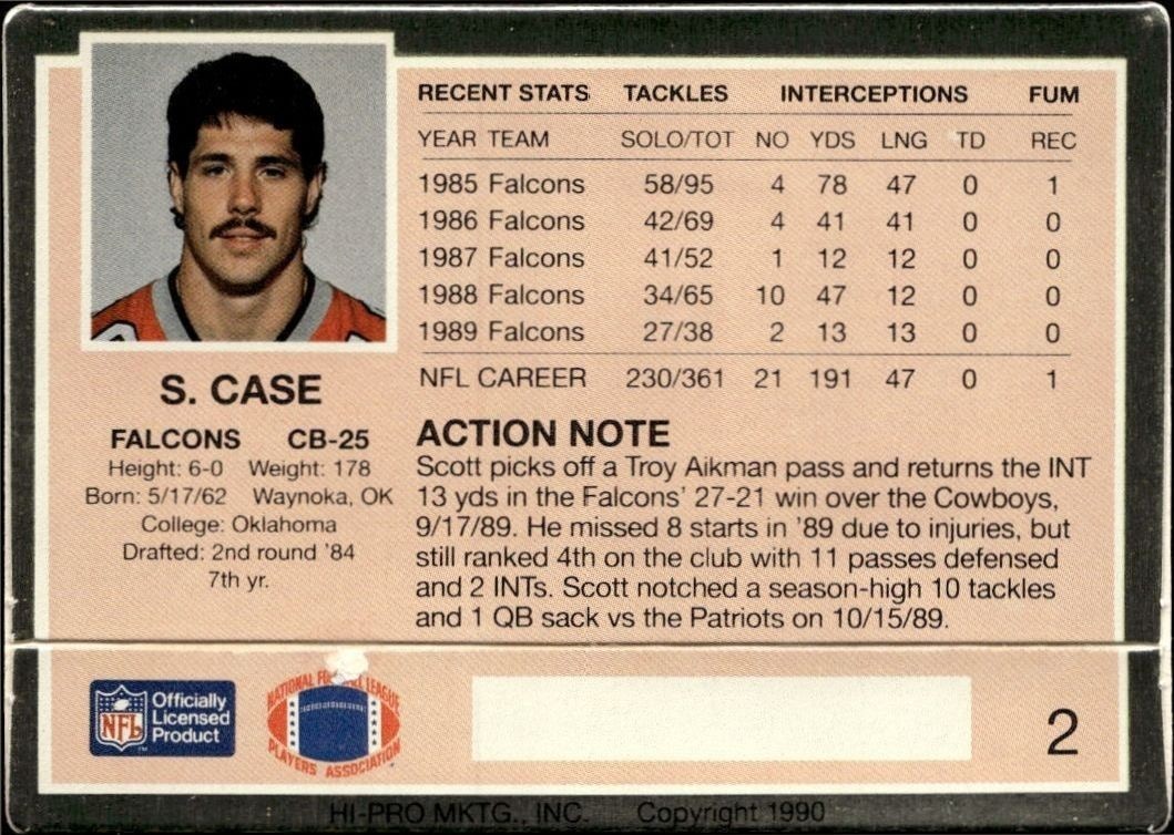 1990 Action Packed Scott Case #2 football trading card back