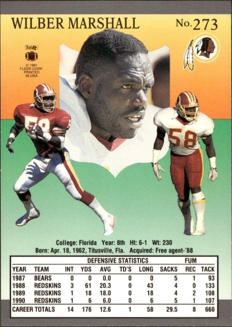 1991 Fleer Ultra Wilber Marshall #273 football trading card back