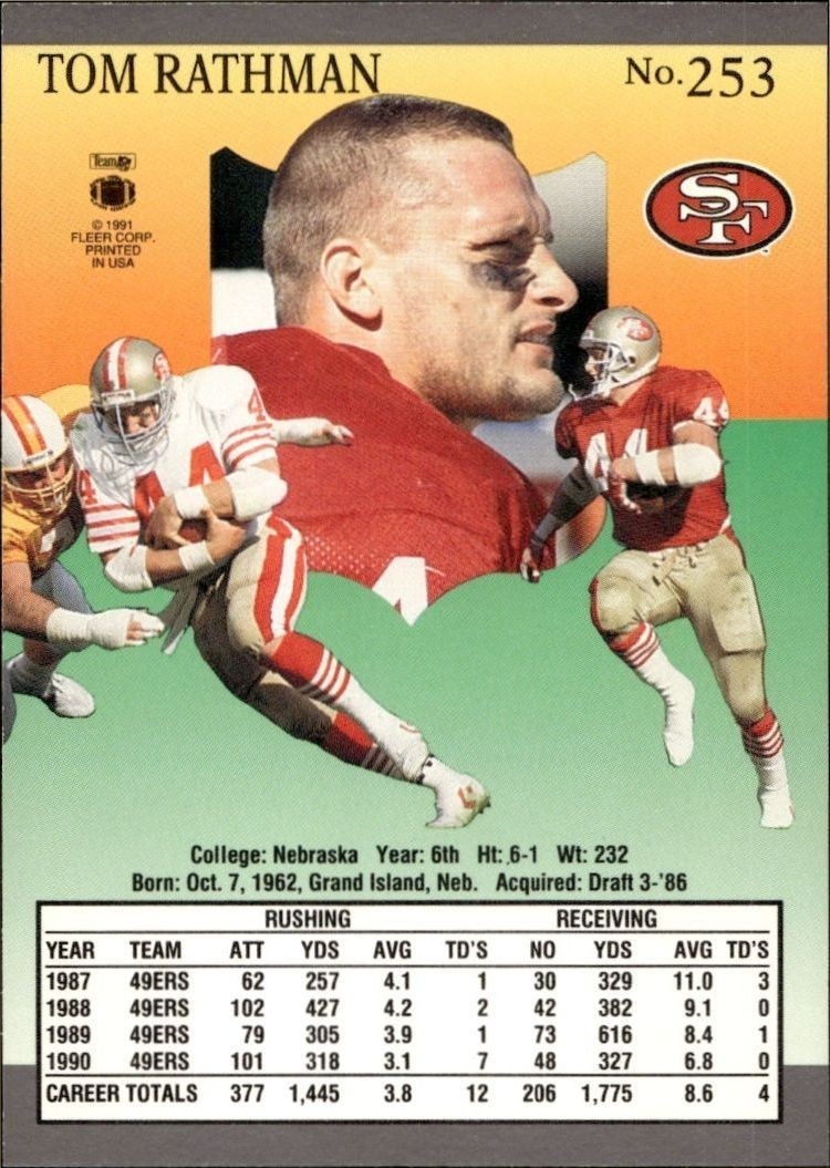 1991 Fleer Ultra Tom Rathman #253 football trading card back