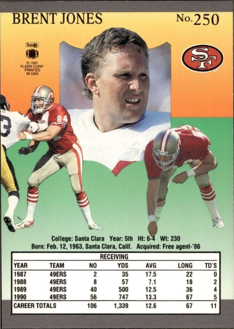 1991 Fleer Ultra Brent Jones #250 football trading card back