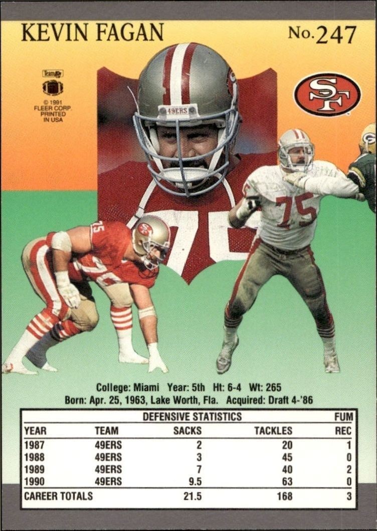 1991 Fleer Ultra Kevin Fagan #247 football trading card back