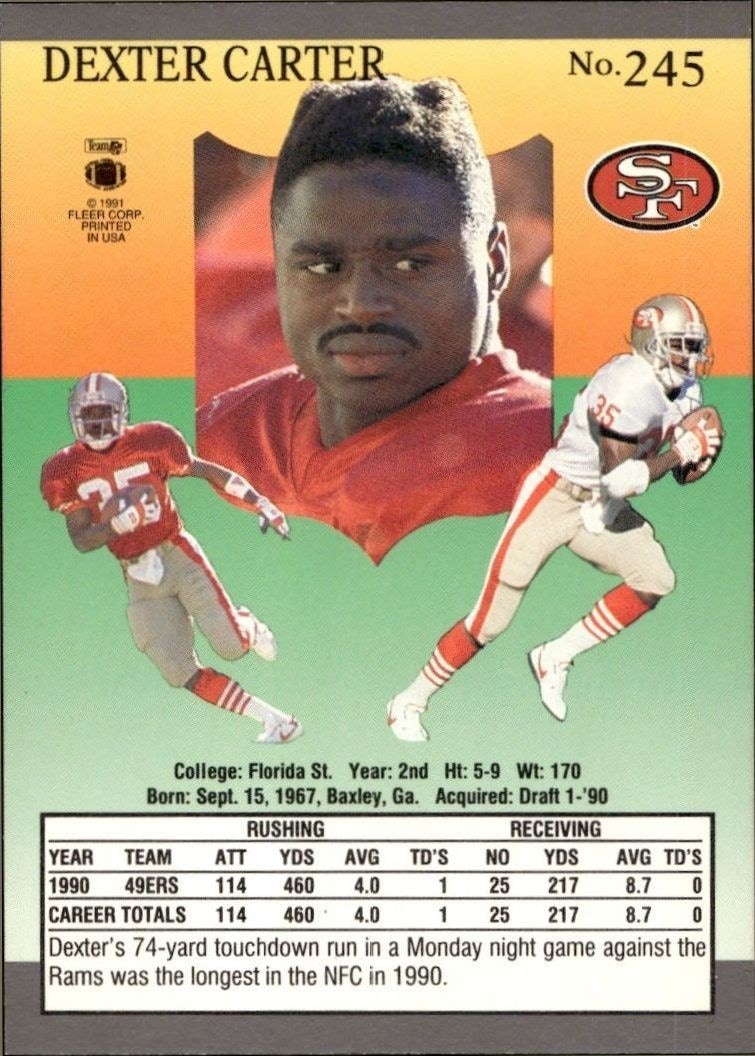 1991 Fleer Ultra Dexter Carter #245 football trading card back