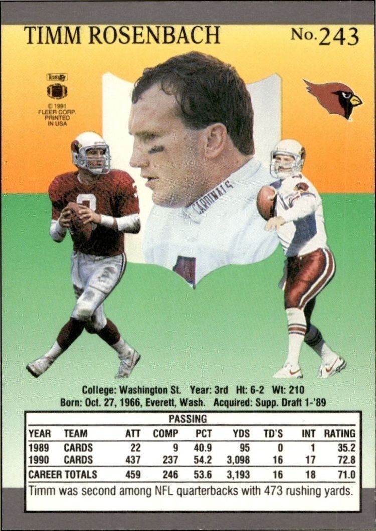 1991 Fleer Ultra Timm Rosenbach #243 football trading card back