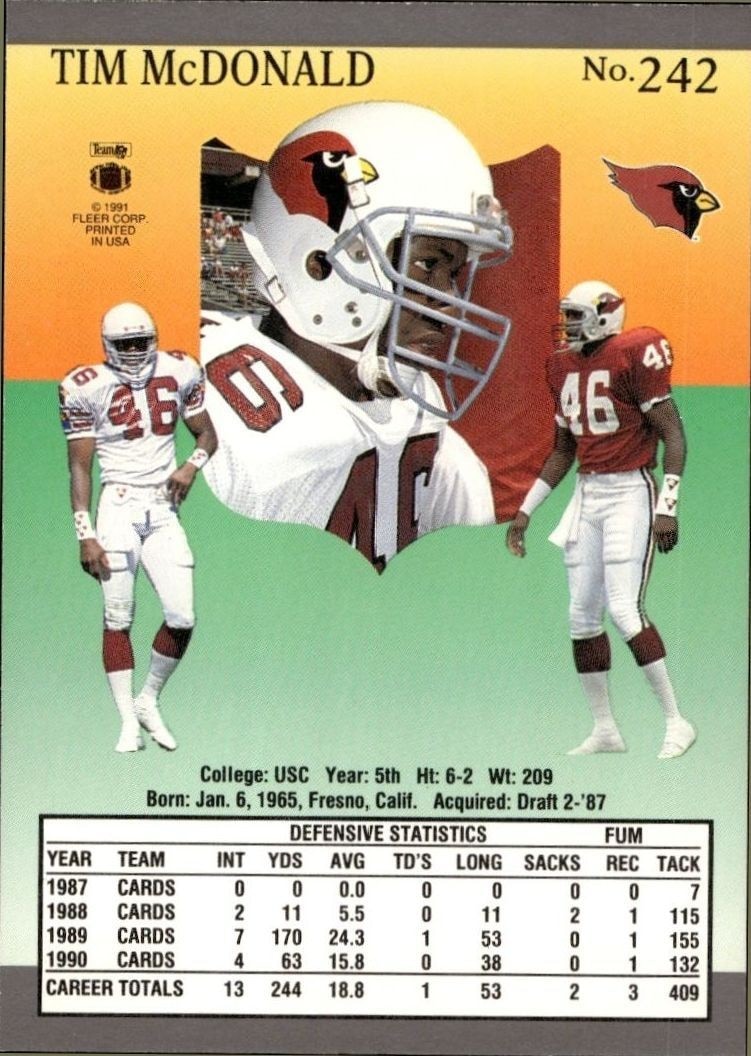 1991 Fleer Ultra Tim McDonald #242 football trading card back