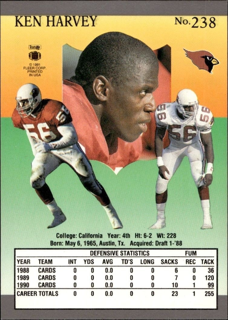 1991 Fleer Ultra Ken Harvey #238 football trading card back