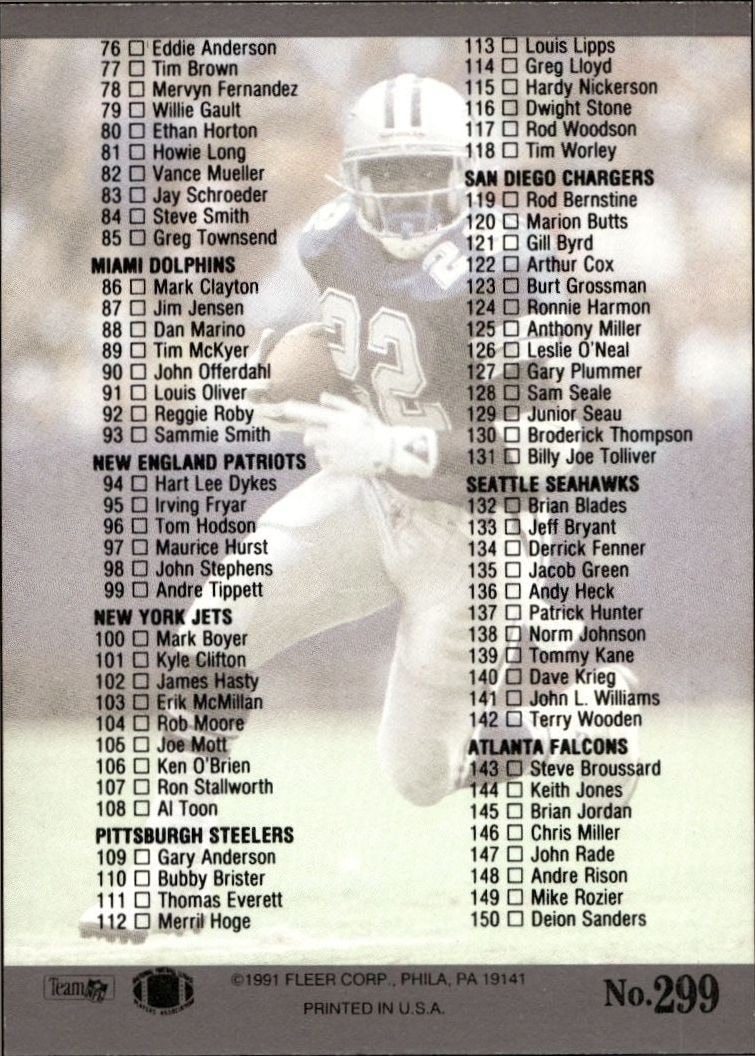 1991 Fleer Ultra Checklist #299 football trading card back