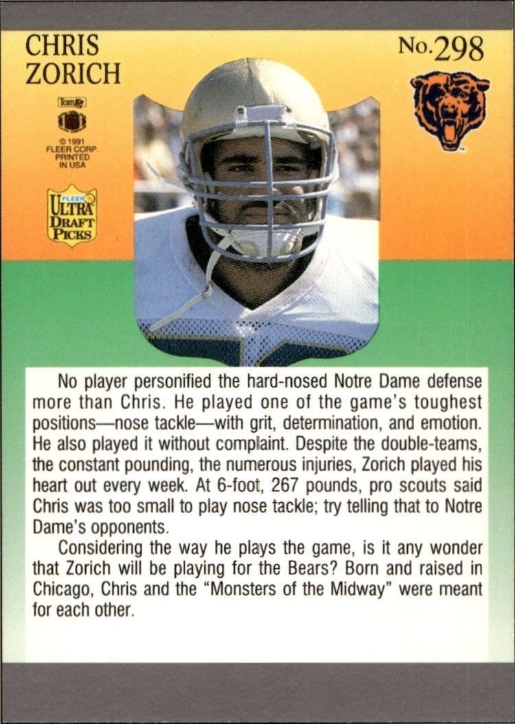 1991 Fleer Ultra Chris Zorich #298 football trading card back